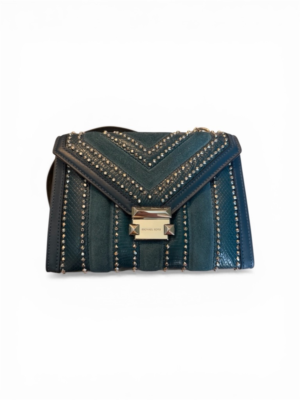 Michael Kors “Whitney” Boutique Version Teal Studded Suede & Leather Crossbody